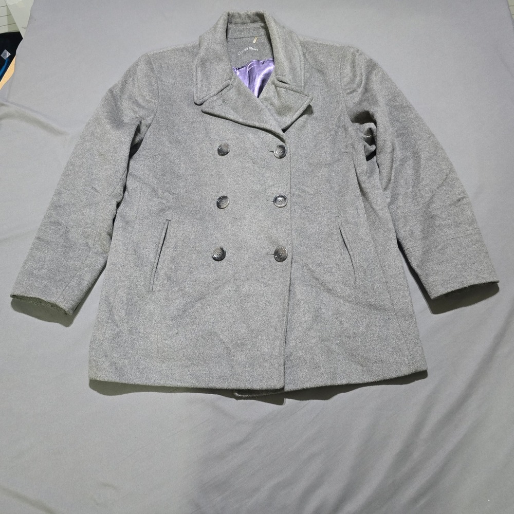 Calvin Klein Pea Coat Women XL Grey Wool Silk Blend Double Breasted Lined
